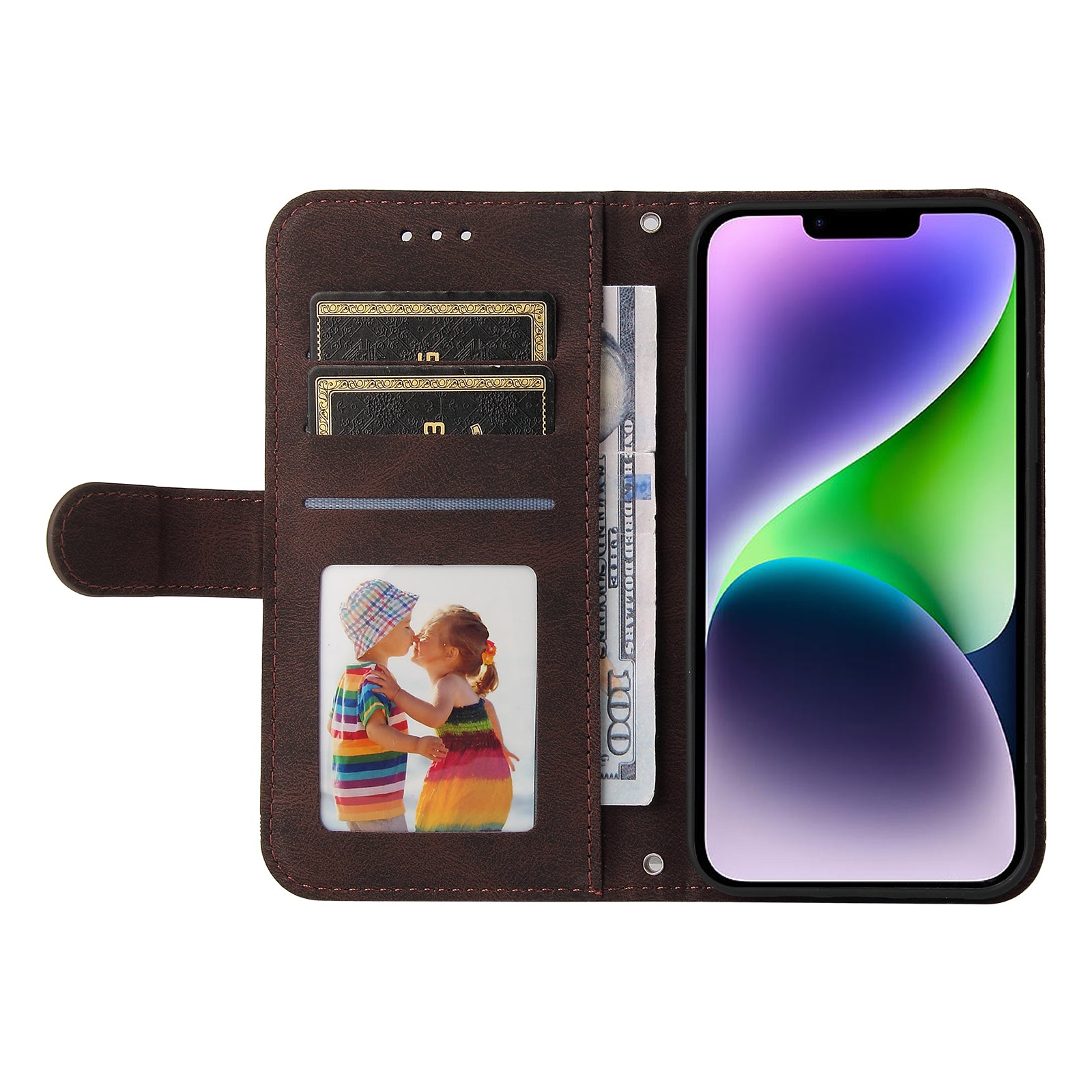 Uniqkart for iPhone 15 Plus Imprinted Lines Cell Phone Cover Stand Wallet Skin-touch PU Leather Case Shell - Brown Uniqkart for iPhone 15 Plus Imprinted Lines Cell Phone Cover Stand Wallet Skin-touch PU Leather Case Shell - Brown